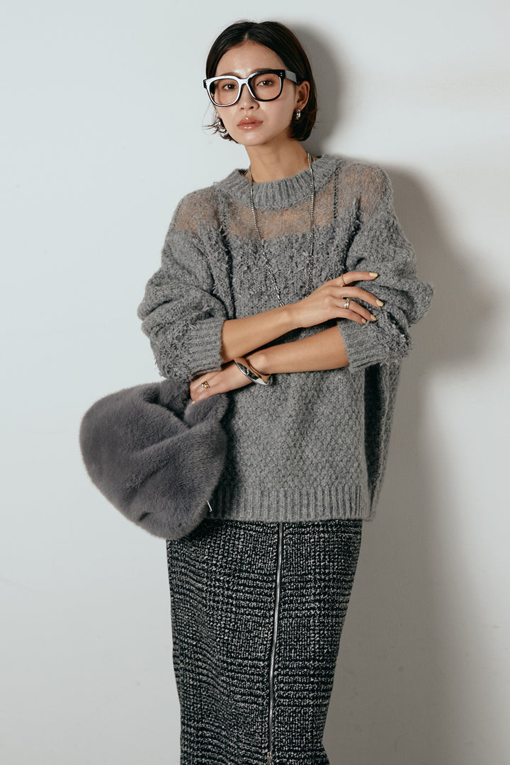 [SET]パターンランダム編みニットトップス+グレンチェック柄フロントジップタイトスカート(2set)