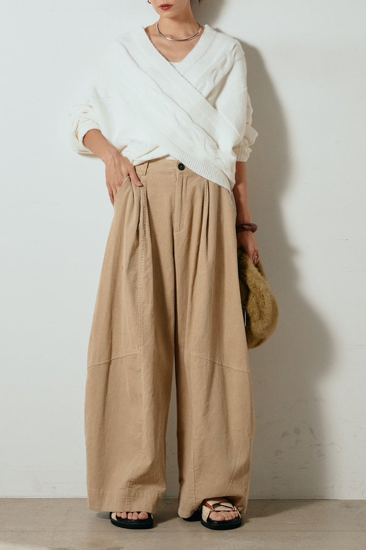 [SET]ケーブルカシュクールニットトップス+タック入りコーデュロイワイドパンツ(2set)