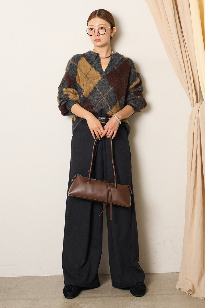 [SET]アクリルモヘアアーガイルキーネックプルオーバー+フロントワイドタックネップ入ワイドパンツ(2set)