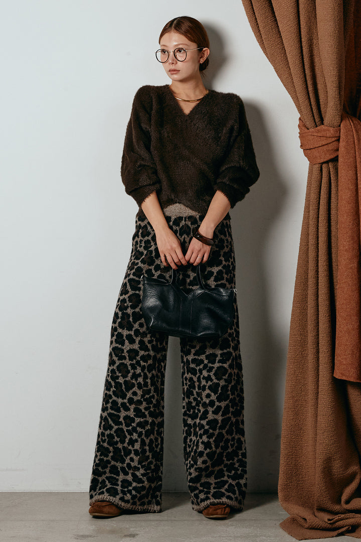 [SET]シャギーカシュクールニットトップス+リラックスレオパード柄ニットパンツ(2set)