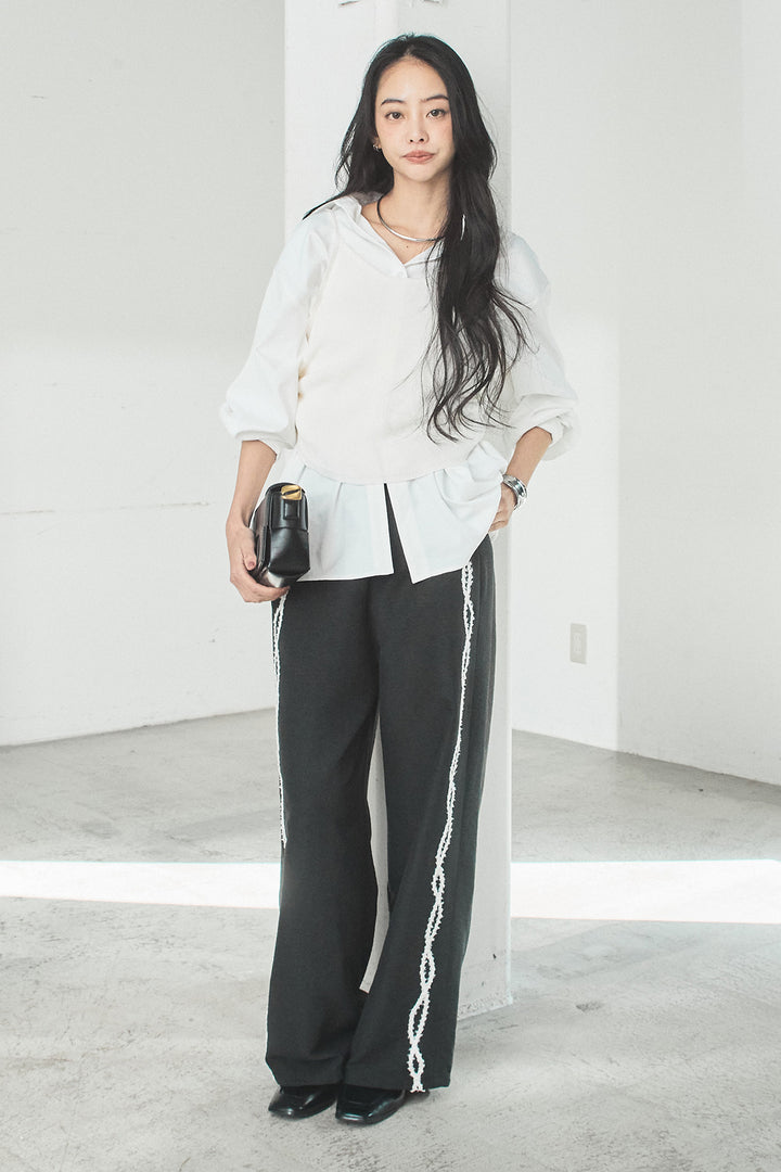 [SET]ニットキャミ付きシャツ+刺繡テープラインパンツ(2set)