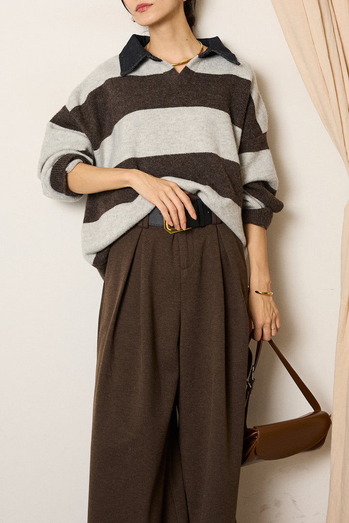 [SET]デニムカラーボーダールーズニット+ゴールドバックル太ベルト付きワイドパンツ(2set)