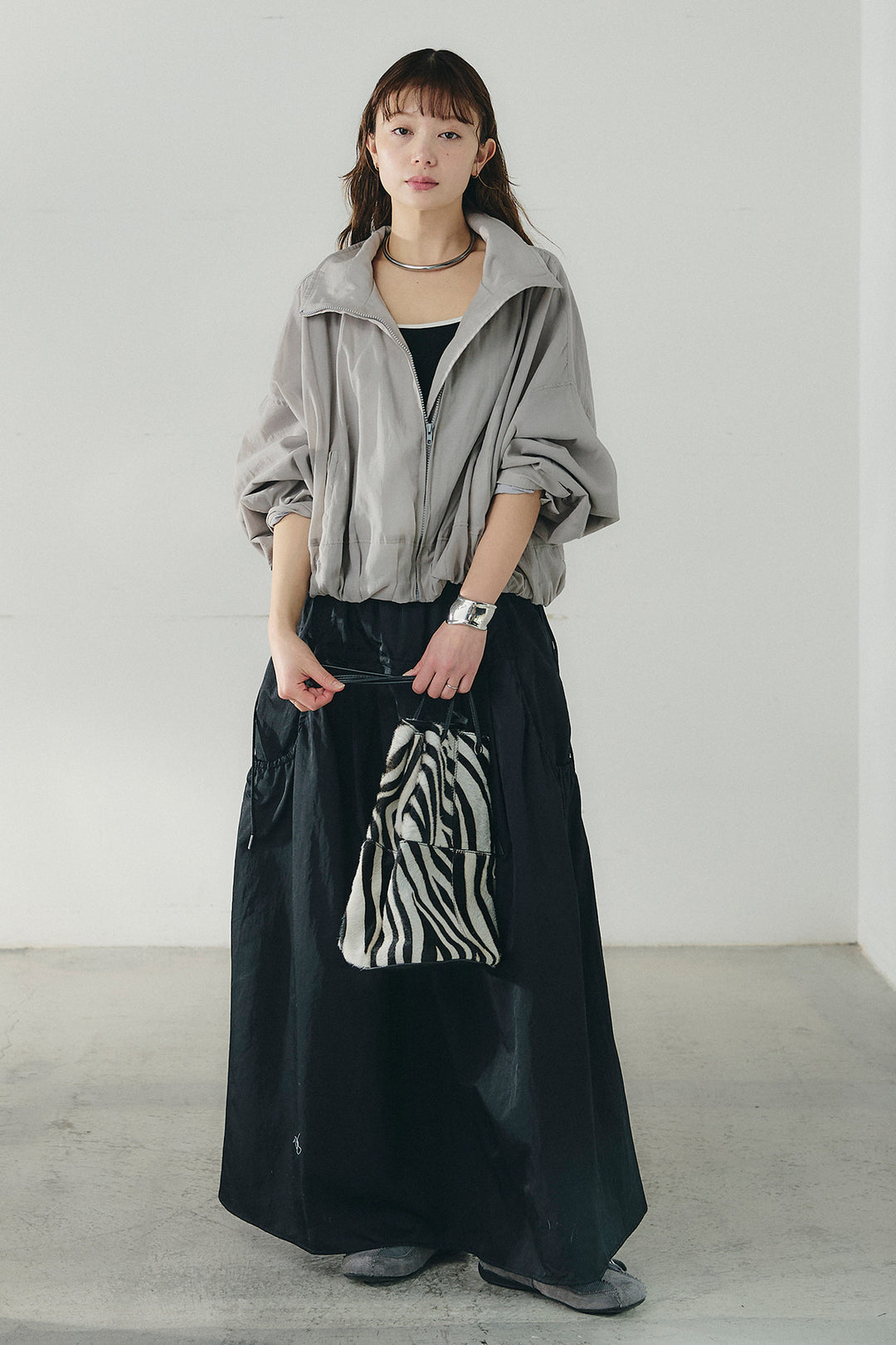 [SET]スタンドネックシアーブルゾン+ナイロンデザインフレアスカート(2set)