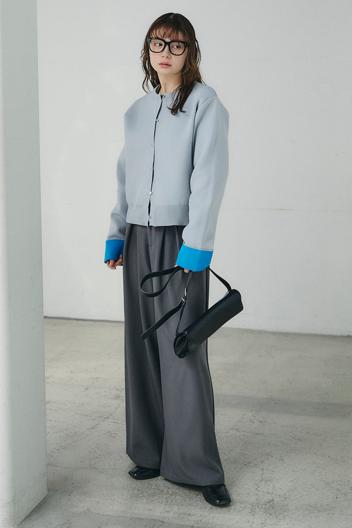 [SET]リバーシブル配色ニットカーディガン+ベルト付きツータックワイドパンツ(2set)