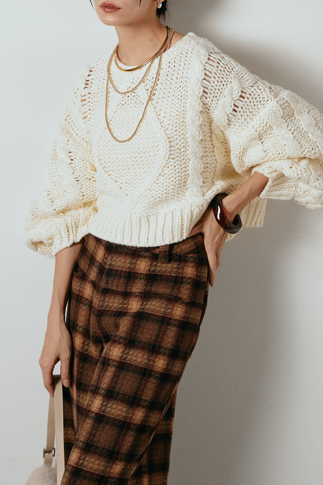 [SET]ロービングケーブルショート丈プルオーバー+ルーズタータンチェックワイドパンツ(2set)