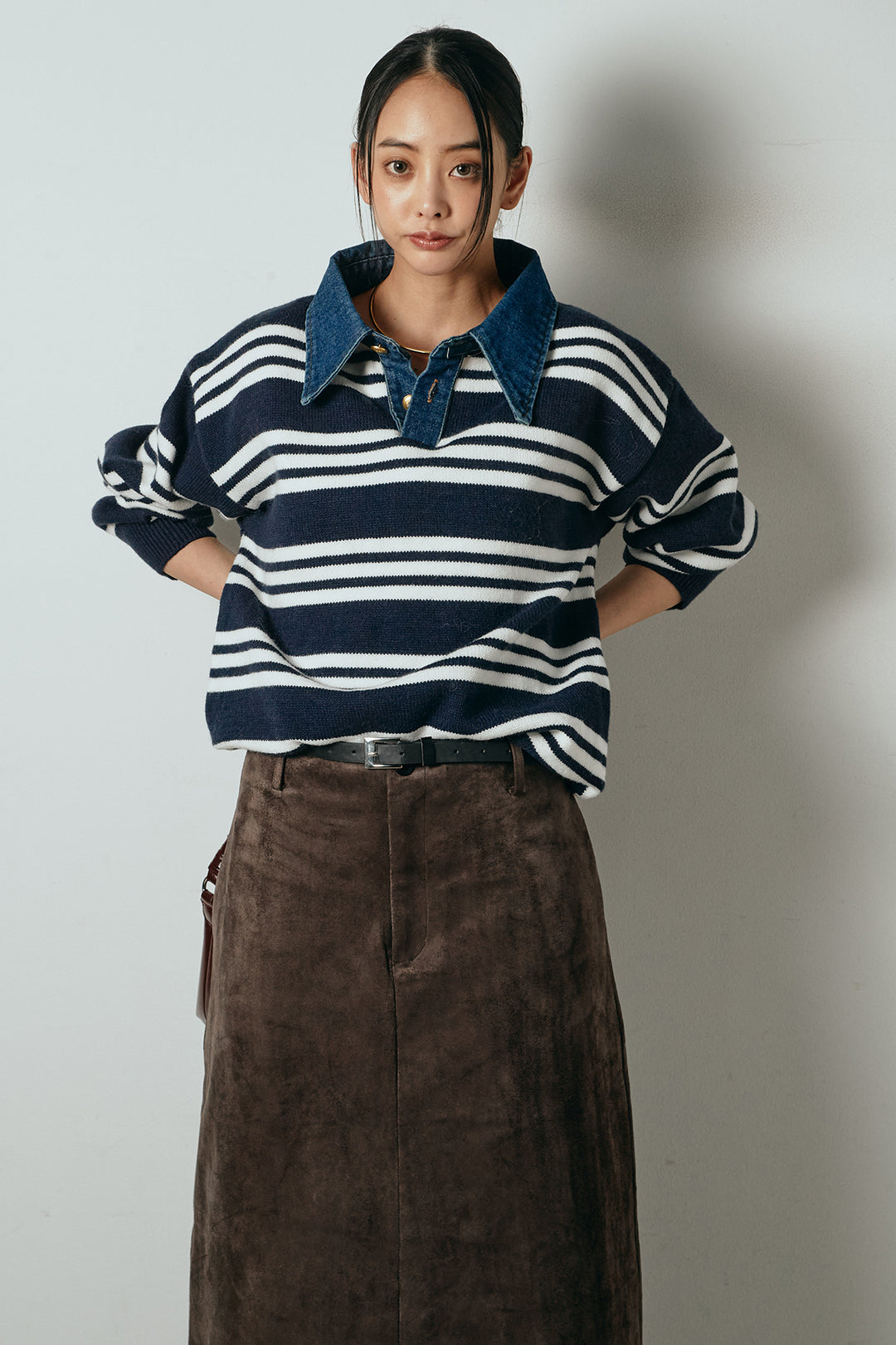 [SET]デニムレイヤード風ランダムボーダーニットプルオーバー+エコスウェードワイドスカート(2set)