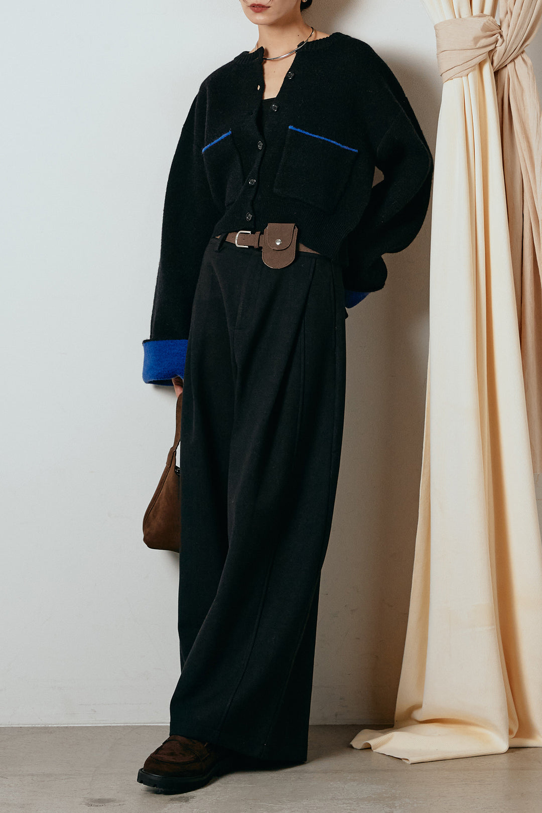 [SET]アルパカタッチダブルフェイスカーディガン+ポーチベルト付きカーブパンツ(2set)