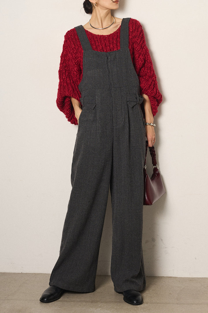 [SET]チャンキースラブニットクロップドプルオーバー+クラシックヘリンボーンサロペット(2set)