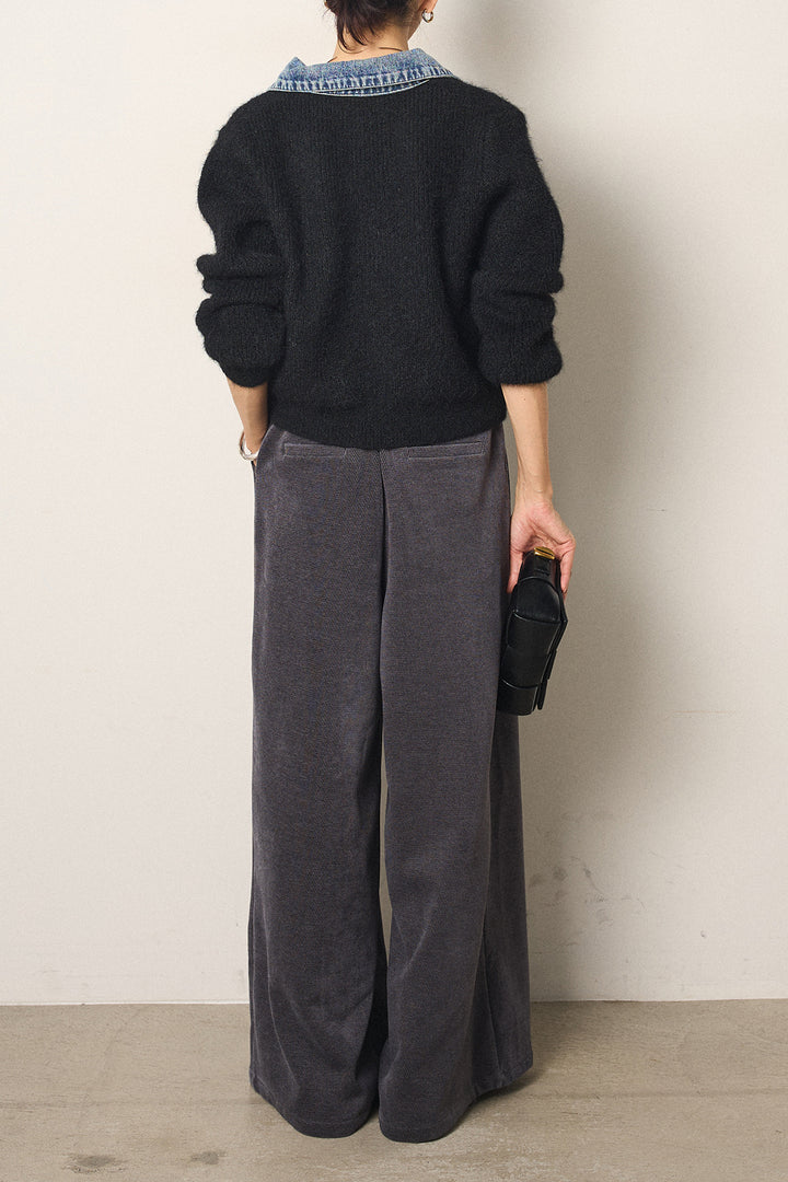 [SET]襟付きデニム切替ニットカーディガン+ベルトループコーデュロイワイドパンツ(2set)