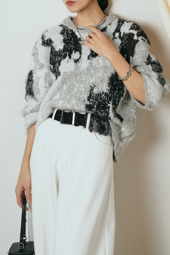 [SET]起毛ニュアンス柄ニットプルオーバー+ファーベルト付きワイドパンツ(2set)