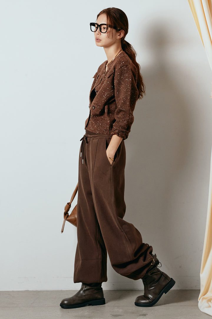 [SET]ネップニットカーディガン+スウェットワイドカーブパンツ(2set)