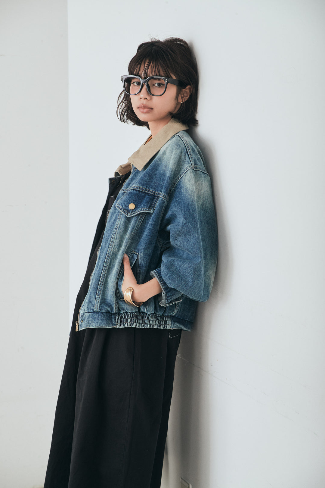 [SET]襟切り替えジップデニムジャケット+綿ツイルアシメサロペット(2set)