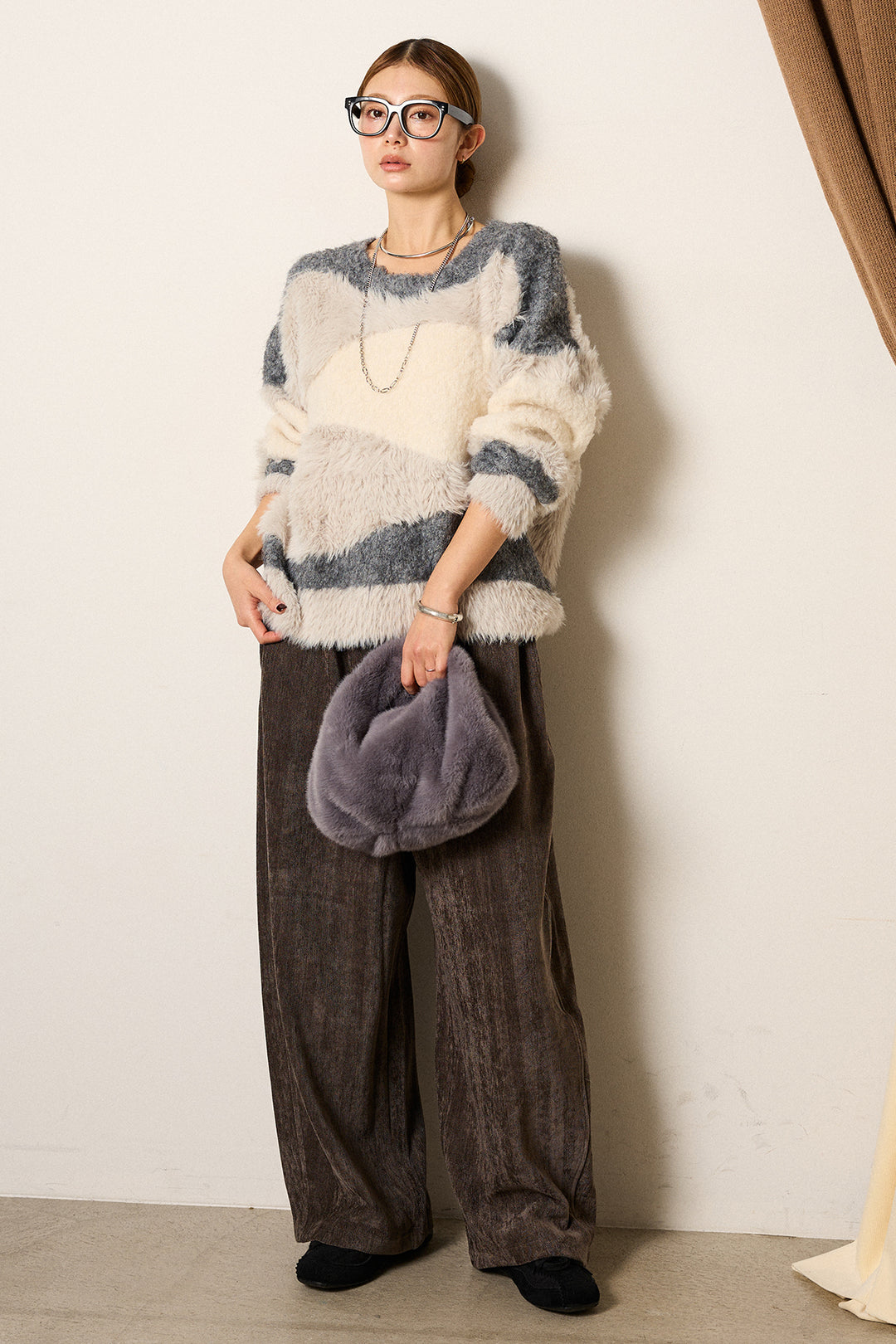 [SET]シャギーウェーブ柄クルーネックニットトップス+かすれデザインワイドパンツ(2set)