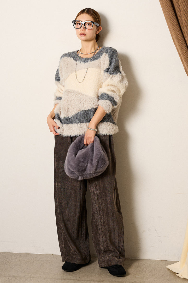 [SET]シャギーウェーブ柄クルーネックニットトップス+かすれデザインワイドパンツ(2set)