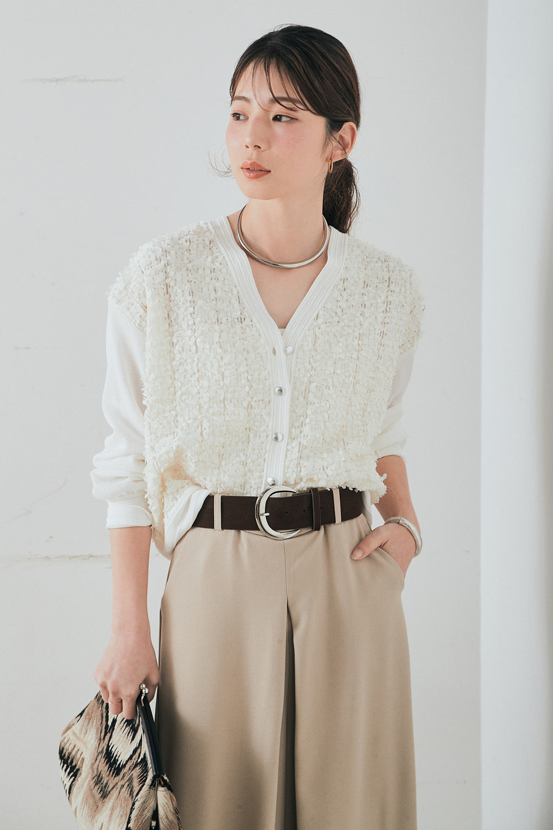 [SET]モコレースVネックカーディガン+太ベルト付きフロントタックパンツ(2set)