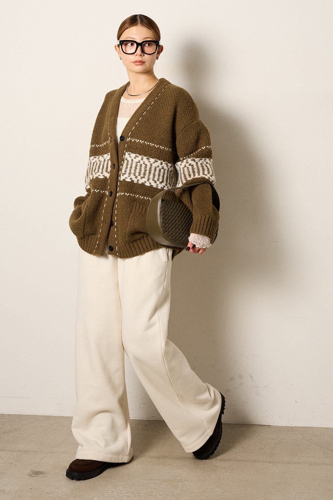 [SET]ライン柄ステッチニットカーディガン+2WAY袖コード刺繍クルーネックプルオーバー+裏起毛スウェットワイドパンツ(3set)