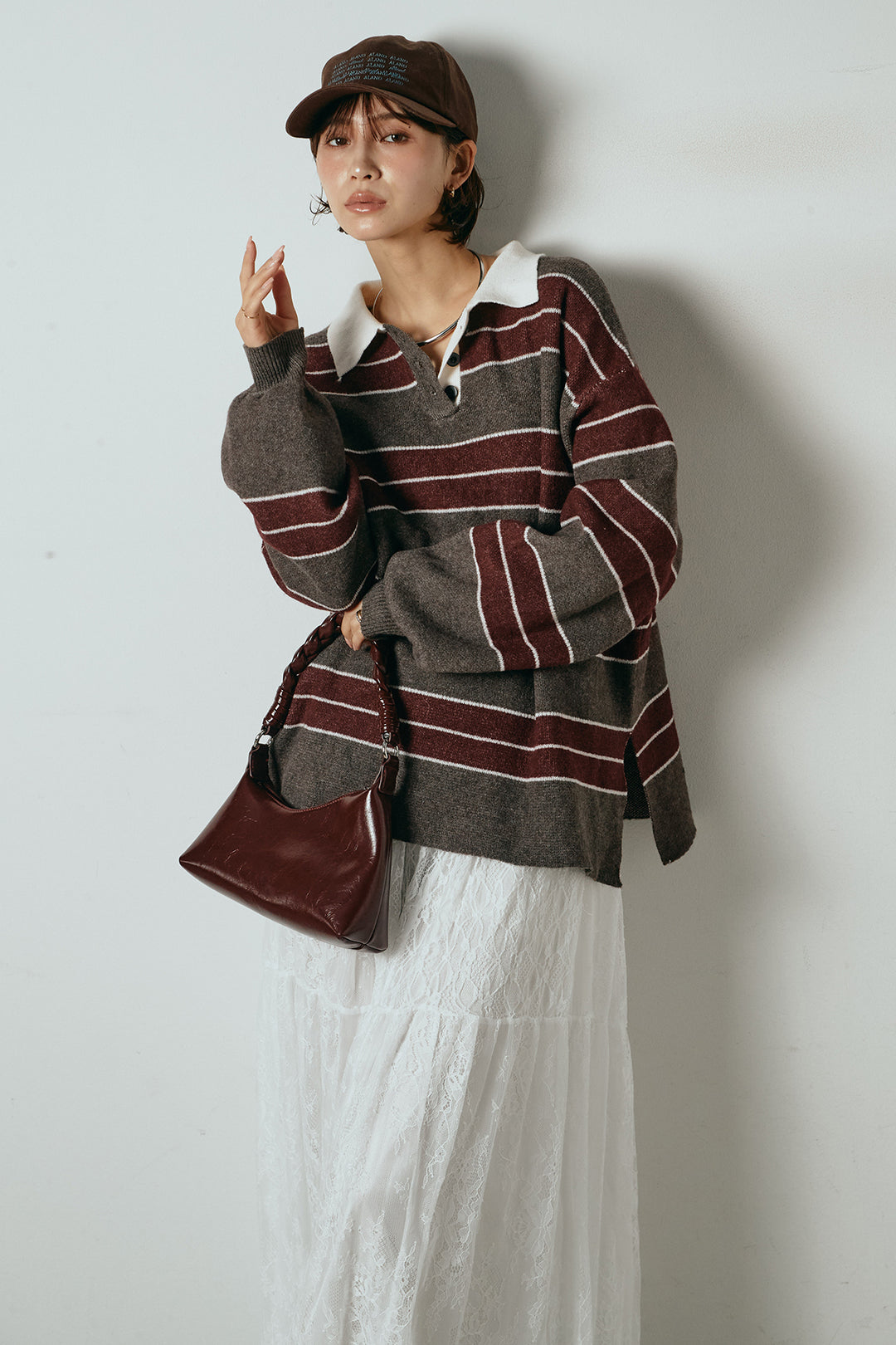 [SET]ラガーニットボーダーポロプルオーバー+ひげレース切替ロング丈スカート(2set)