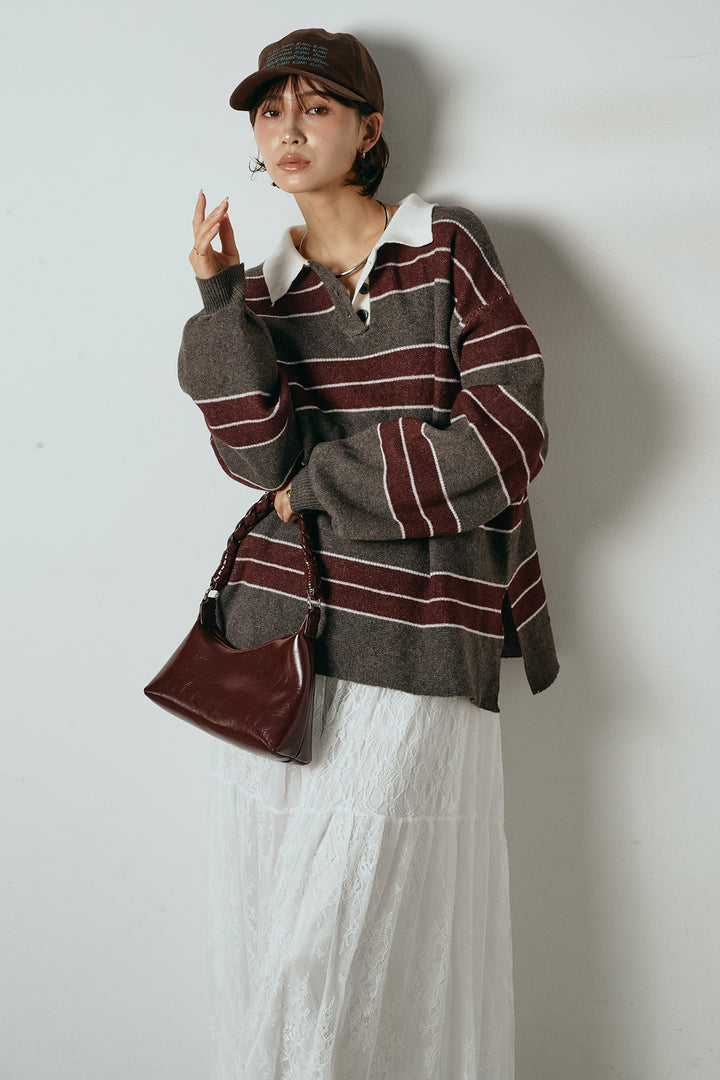 [SET]ラガーニットボーダーポロプルオーバー+ひげレース切替ロング丈スカート(2set)