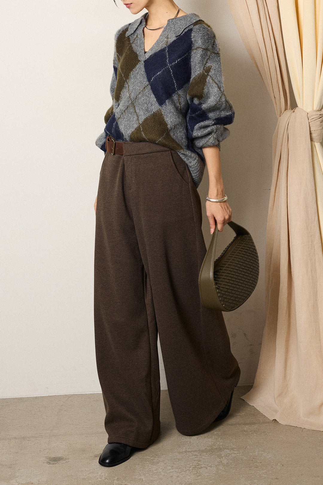 [SET]アクリルモヘアアーガイルキーネックプルオーバー+サイドベルトパンツ(2set)