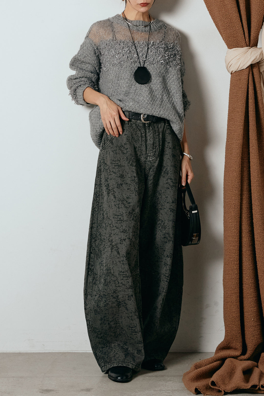 [SET]パターンランダム編みニットトップス+ベルト付きニュアンス柄カーブワイドパンツ(2set)