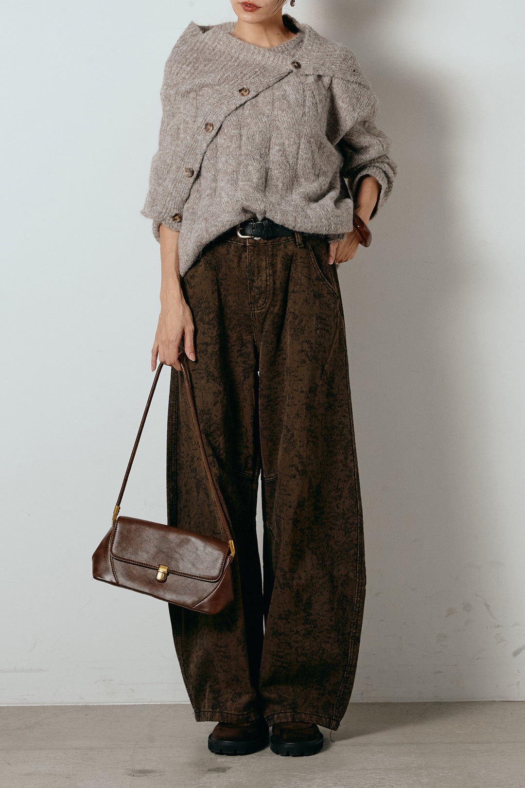 [SET]ケープデザインケーブルニットトップス+ベルト付きニュアンス柄カーブワイドパンツ(2set)