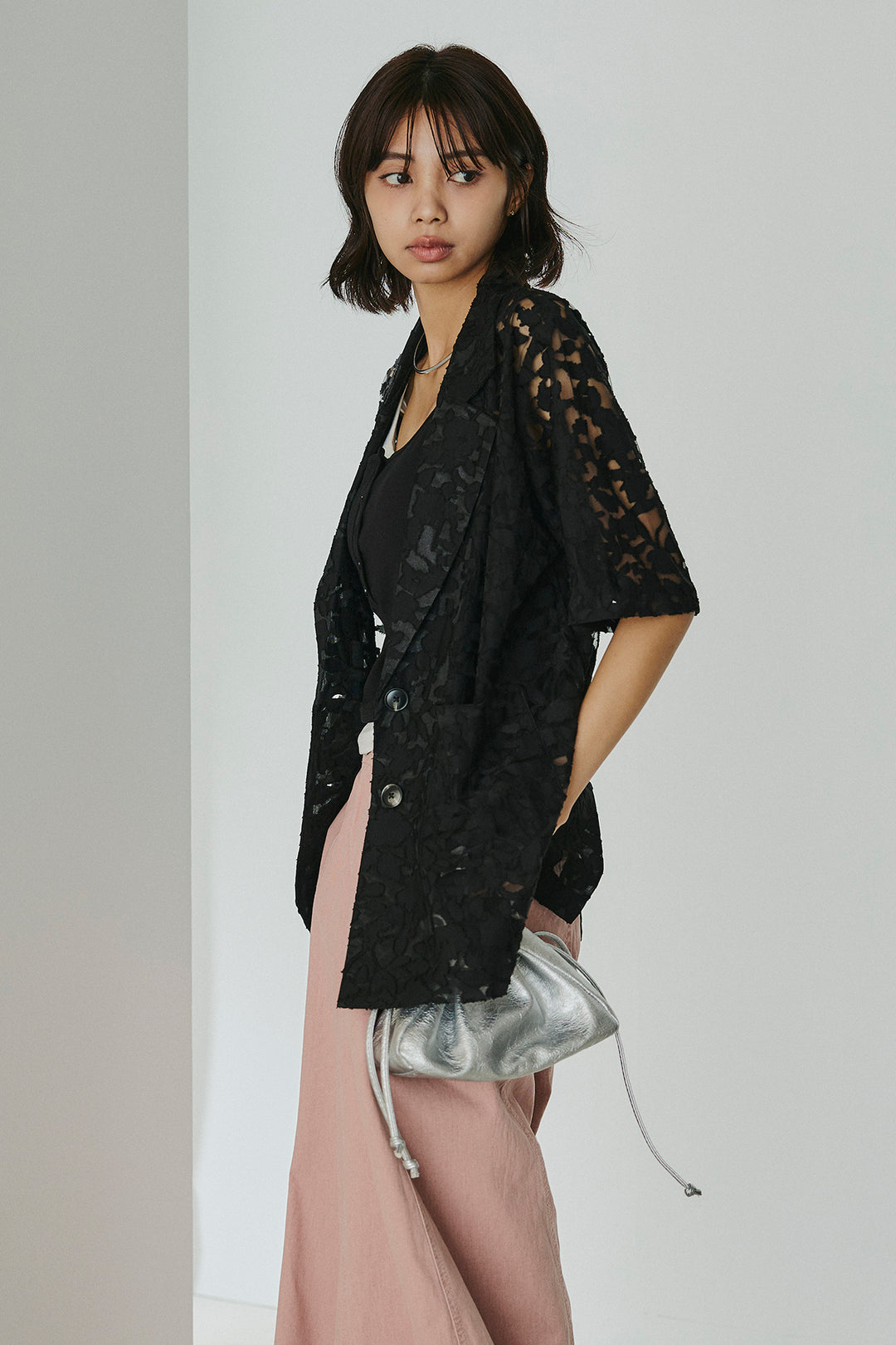 [SET]シアージャガードハーフスリーブテーラードジャケット+サイドベルトカーブワイドパンツ+配色ヘンリーネックタンクトップ(3set)