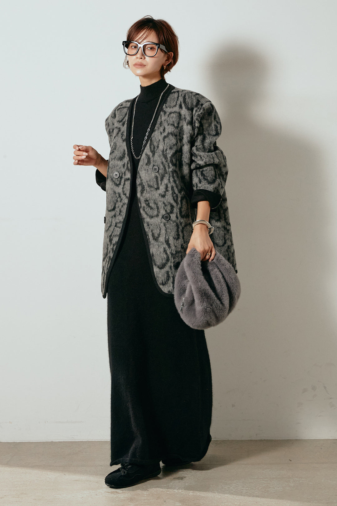 [SET]ノーカラーレオパード柄アウター+ノースリーブニットロングワンピース(2set)