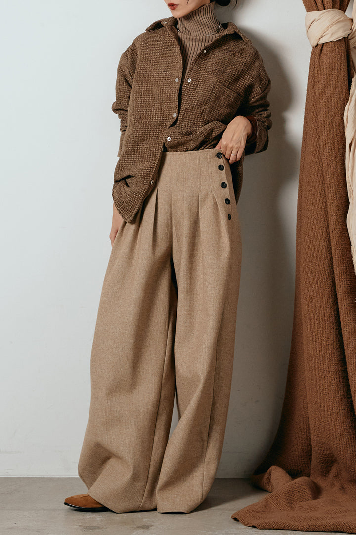 [SET]ルーズクラッシュツイルシャツ+サイドボタンツイードタックパンツ(2set)