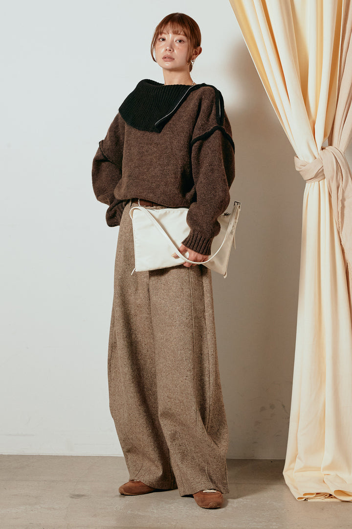 [SET]ハイネックジップデザインニットトップス+ベルト付きネップツイードカーブパンツ(2set)