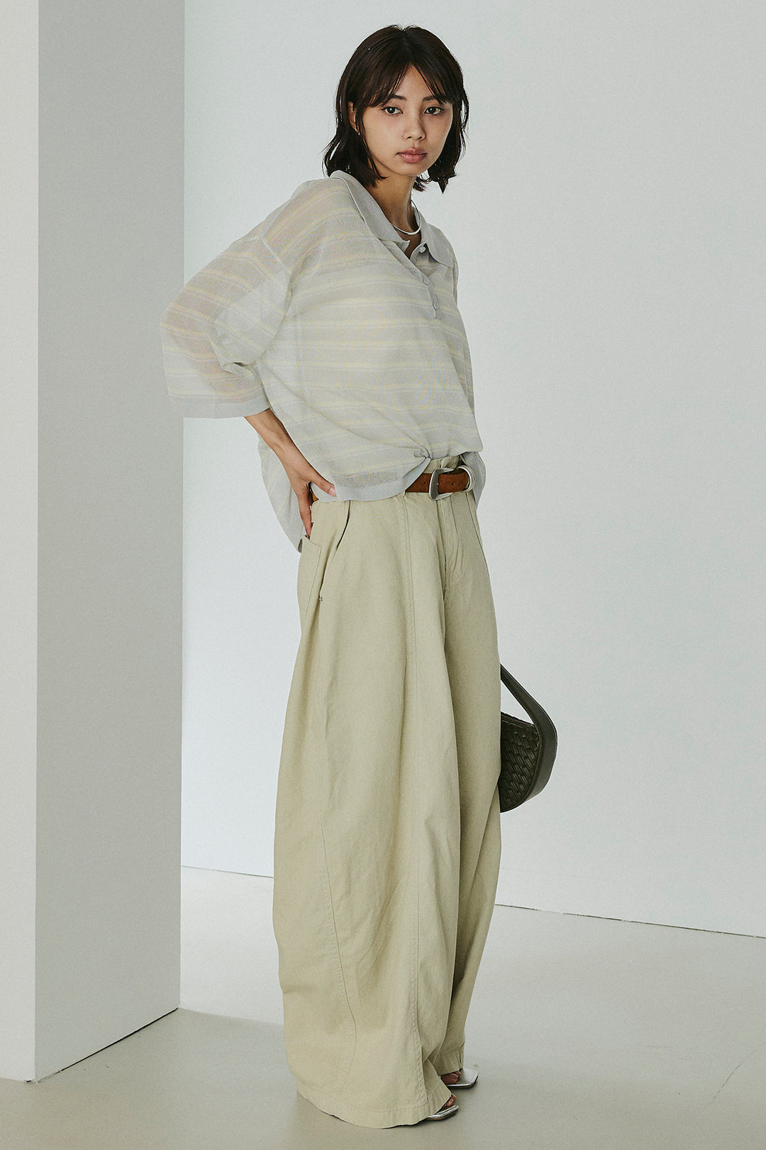 [SET]ボーダーニットポロシャツ+サイドベルトカーブワイドパンツ(2set)