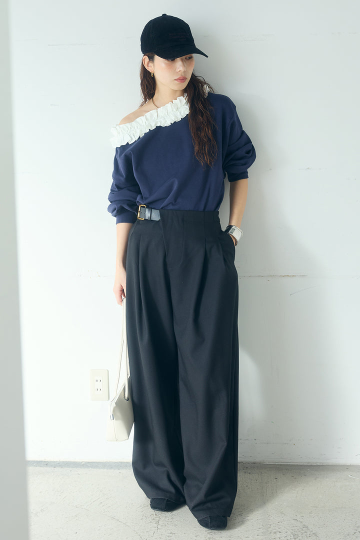 [SET]ネックギャザーフリルスウェット+サイドベルトタック入りスラックス(2set)