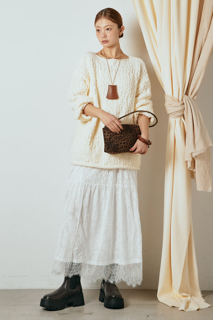 [SET]ボリューム編みニットプルオーバー+ひげレース切替ロング丈スカート(2set)