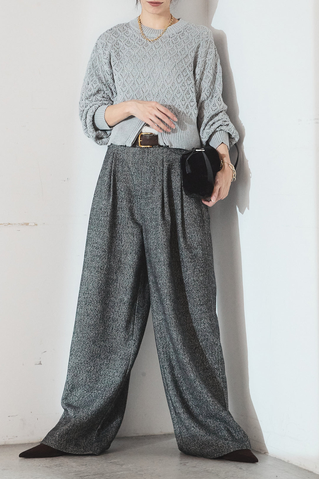 [SET]透かし編みニットジップスリットプルオーバー+タックツイードワイドパンツ(2set)