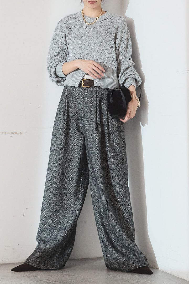 [SET]透かし編みニットジップスリットプルオーバー+タックツイードワイドパンツ(2set)