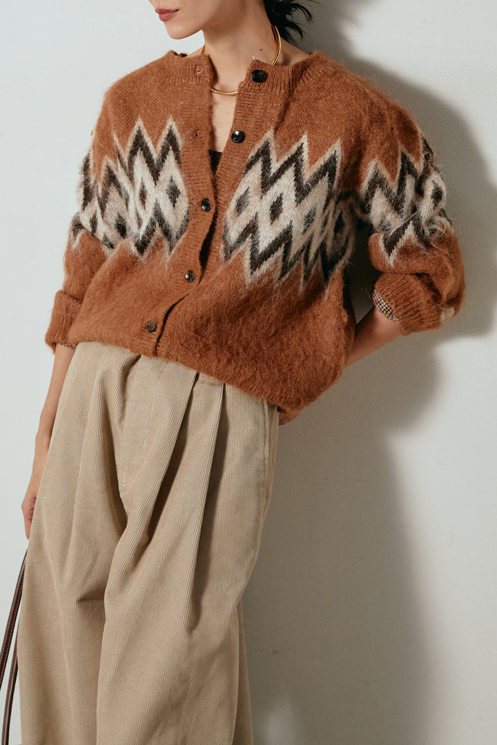 [SET]起毛ノルディック柄ニットカーディガン+フロントタック入りコーデュロイパンツ(2set)