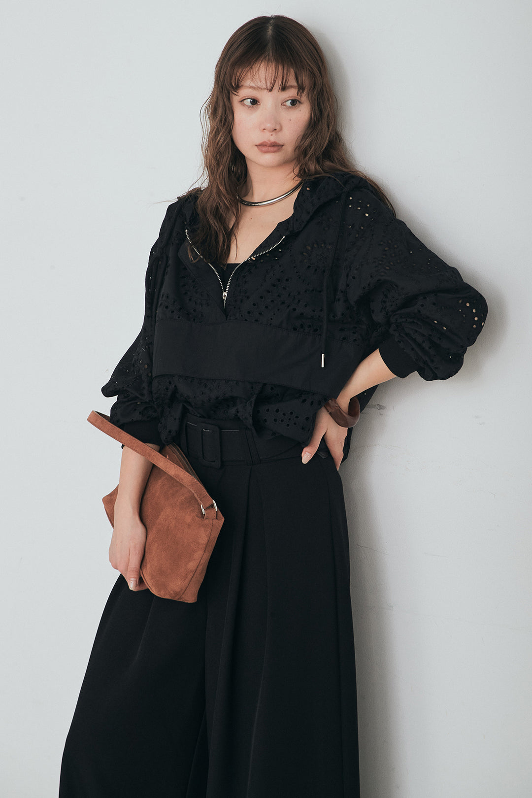 [SET]レースハーフジップアップフーディー+ベルト付きツータックワイドパンツ(2set)