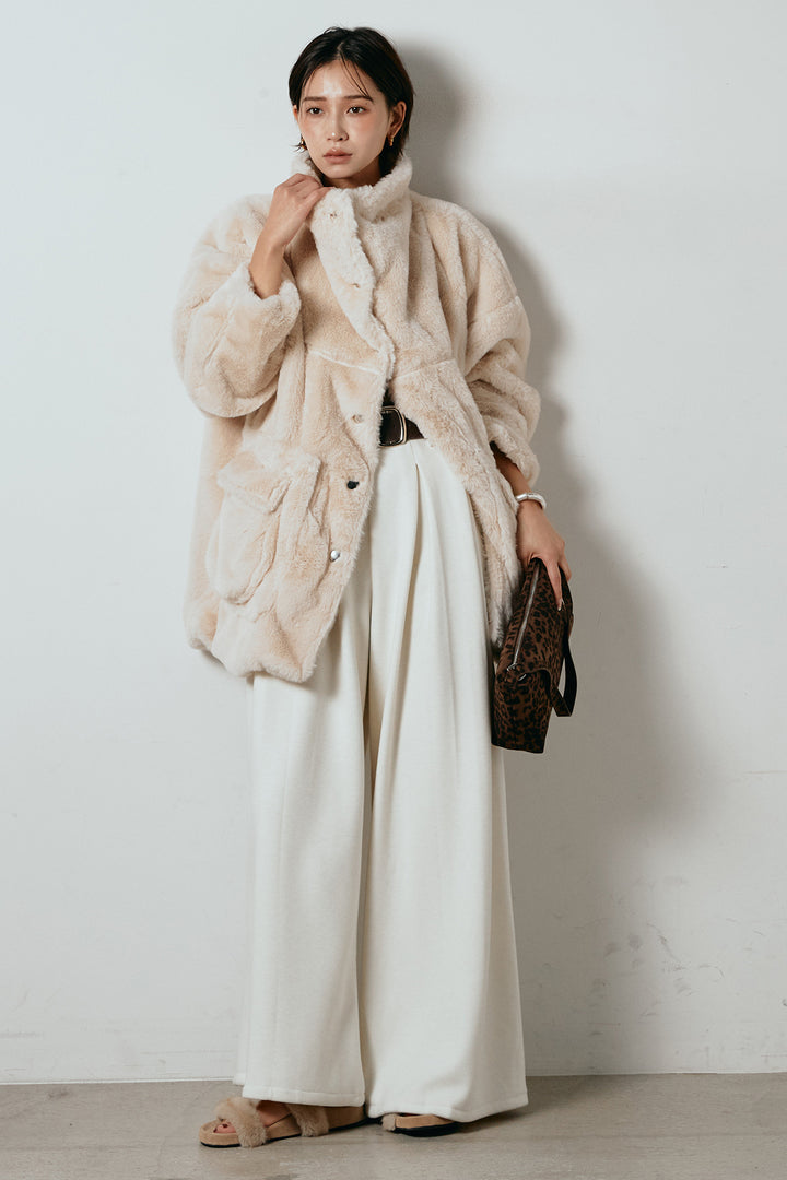 [SET]スタンドネックファーコート+フェイクレザー太ベルト付きタックワイドパンツ(2set)