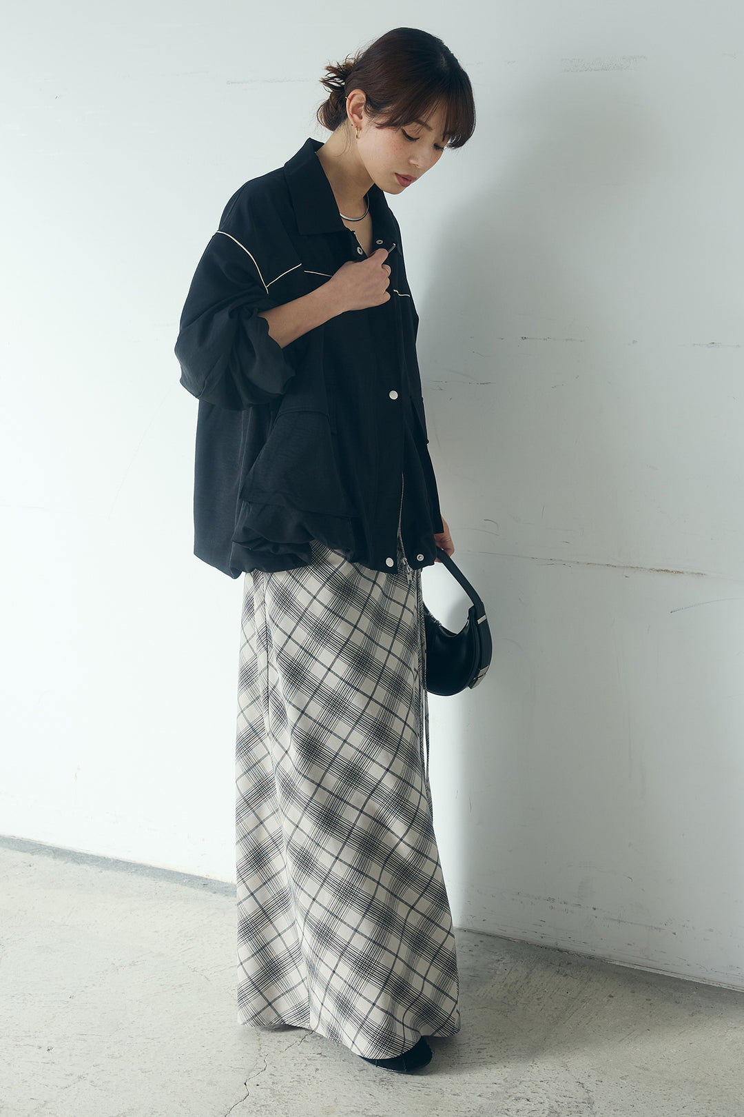 [SET]合繊ツイルバルーンジャケット+タータンチェック柄フロントデザインスカート(2set)
