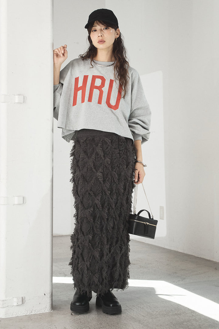 [SET]ビッグロゴHRU袖ボリュームトップス+カットフリンジニットタイトスカート(2set)