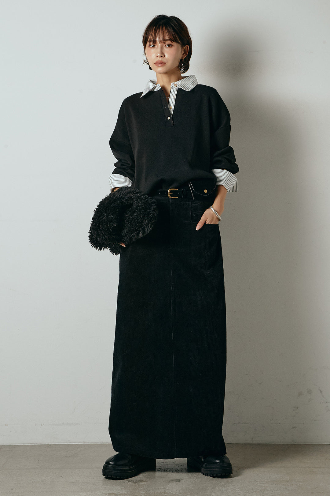 [SET]ストライプシャツドッキングポロトップス+ポーチベルト付きコーデュロイワイドスカート(2set)