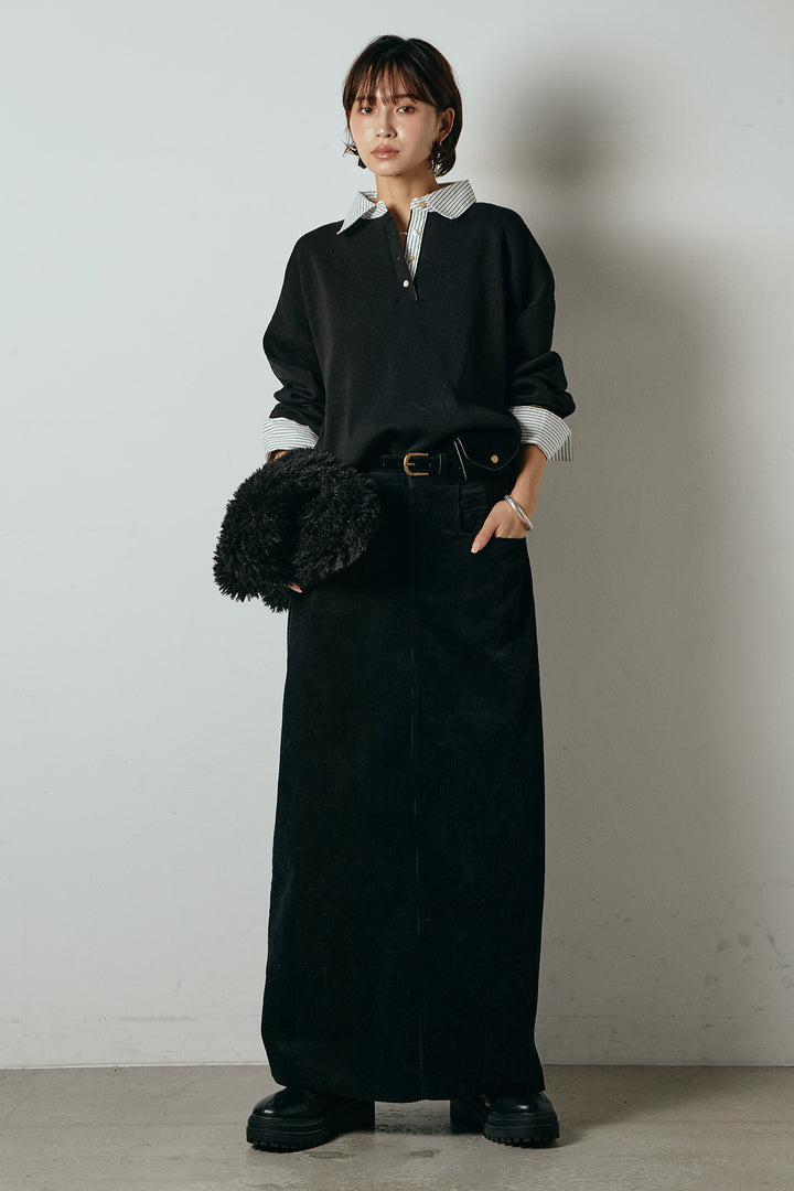 [SET]ストライプシャツドッキングポロトップス+ポーチベルト付きコーデュロイワイドスカート(2set)