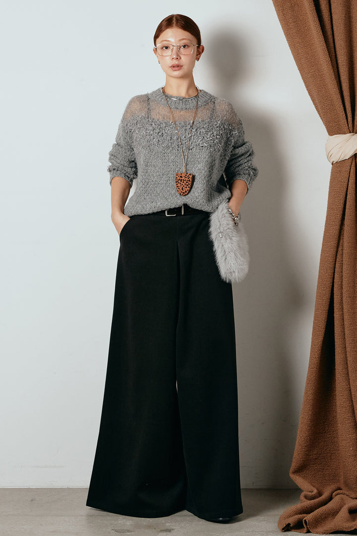 [SET]パターンランダム編みニットトップス+ベルト付きフロントタックデザインパンツ(2set)