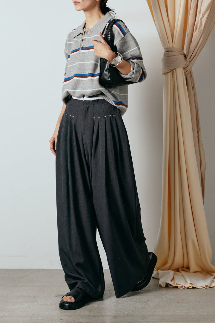 [SET]襟付きマルチボーダーニットポロトップス+ウエストステッチデザインワイドスラックス(2set)