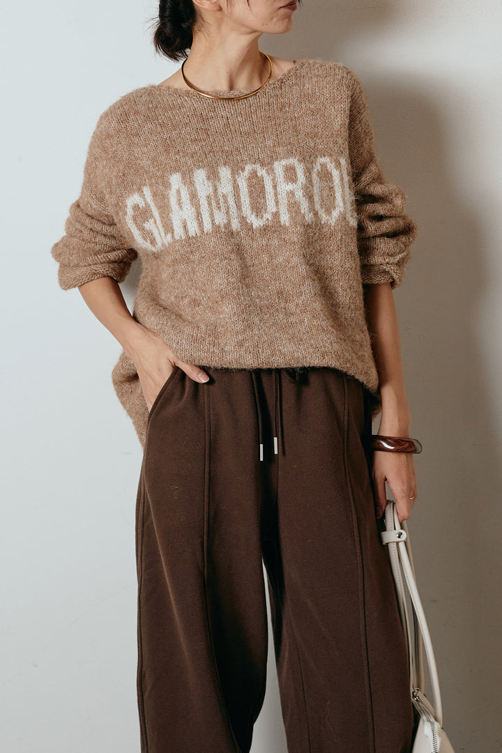 [SET]フロントロゴデザインニットトップス+スウェットワイドカーブパンツ(2set)