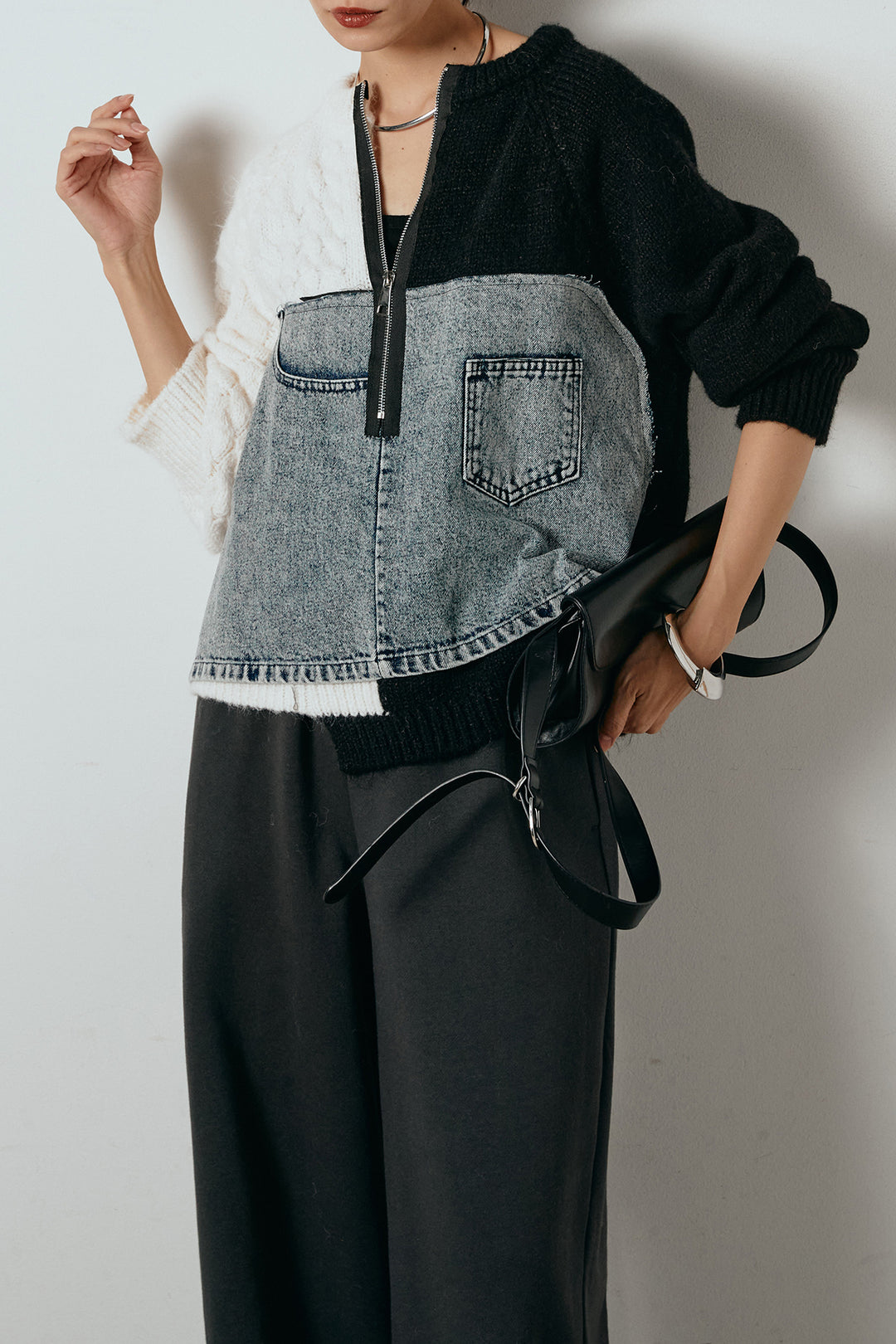 [SET]ハーフジップニットデニムドッキングトップス+裏起毛スウェットワイドパンツ(2set)