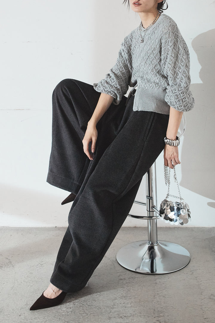 [SET]透かし編みニットジップスリットプルオーバー+ウールタッチカーブワイドパンツ(2set)