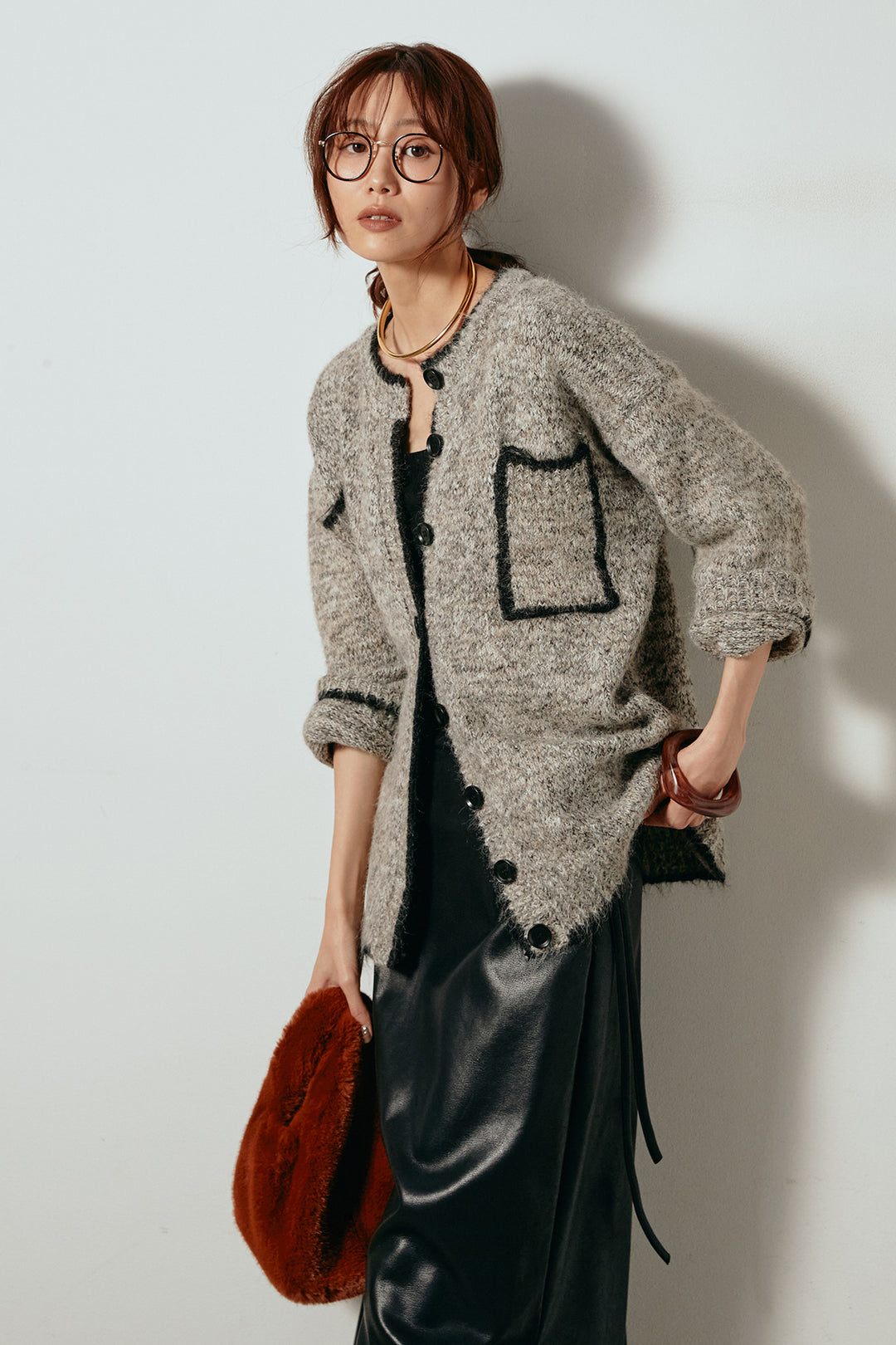 [SET]ミックスニットポケットカーディガン+紐付きフェイクレザーワイドスカート(2set)