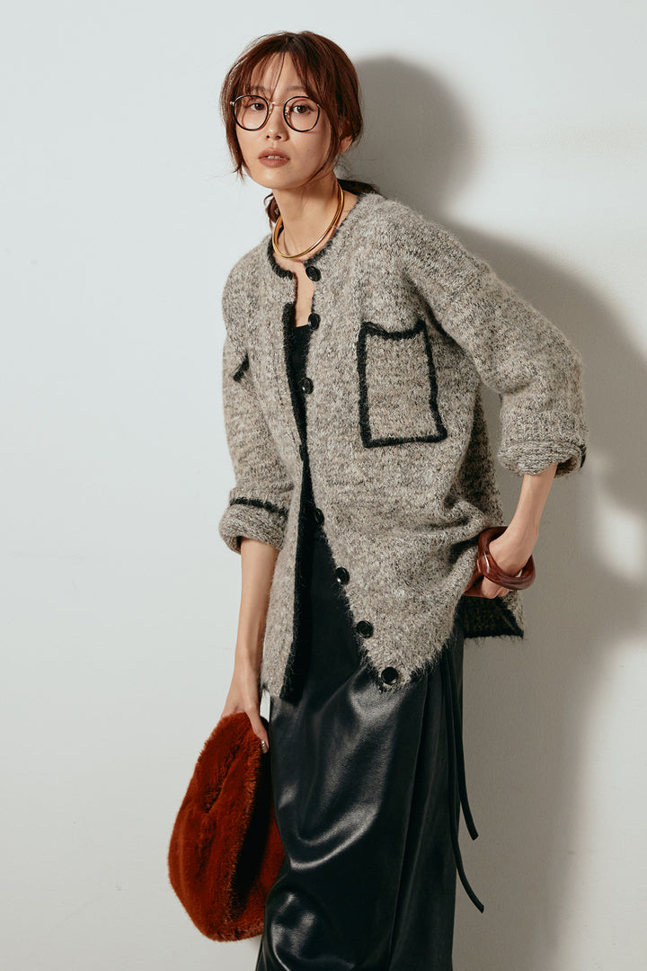 [SET]ミックスニットポケットカーディガン+紐付きフェイクレザーワイドスカート(2set)