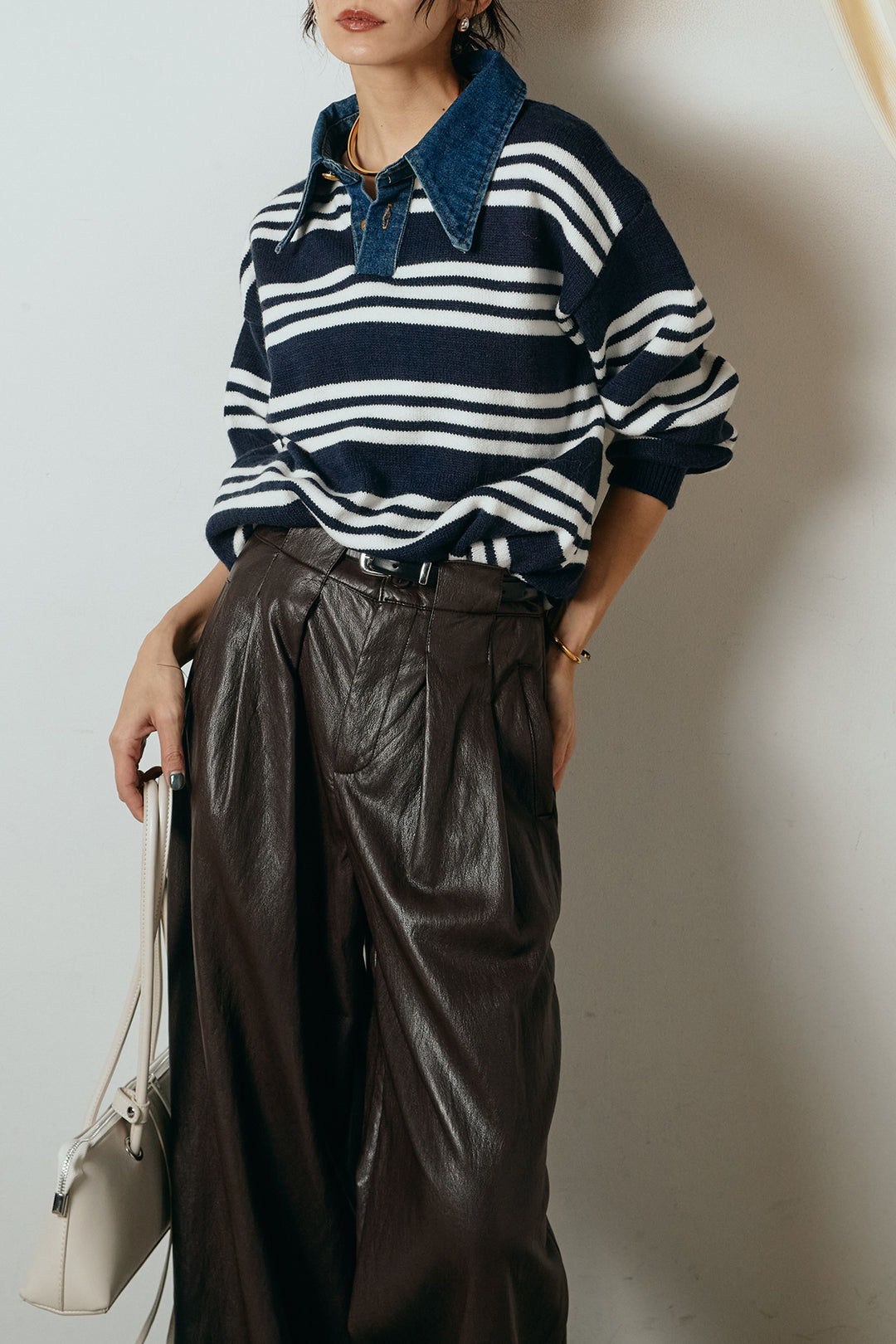 [SET]デニムレイヤード風ランダムボーダーニットプルオーバー+ベルト付きレザーライクタックパンツ(2set)