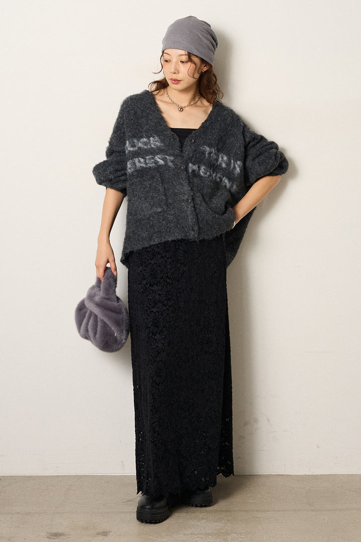 [SET]ウール混透かしロゴニットカーディガン+花柄刺繍ベロアフレアスカート(2set)